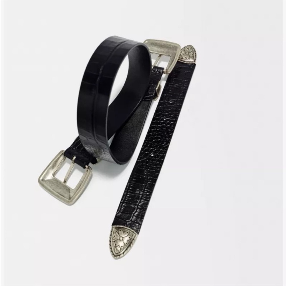 Maje Black Leather Belt with Ornate Silver Buckle